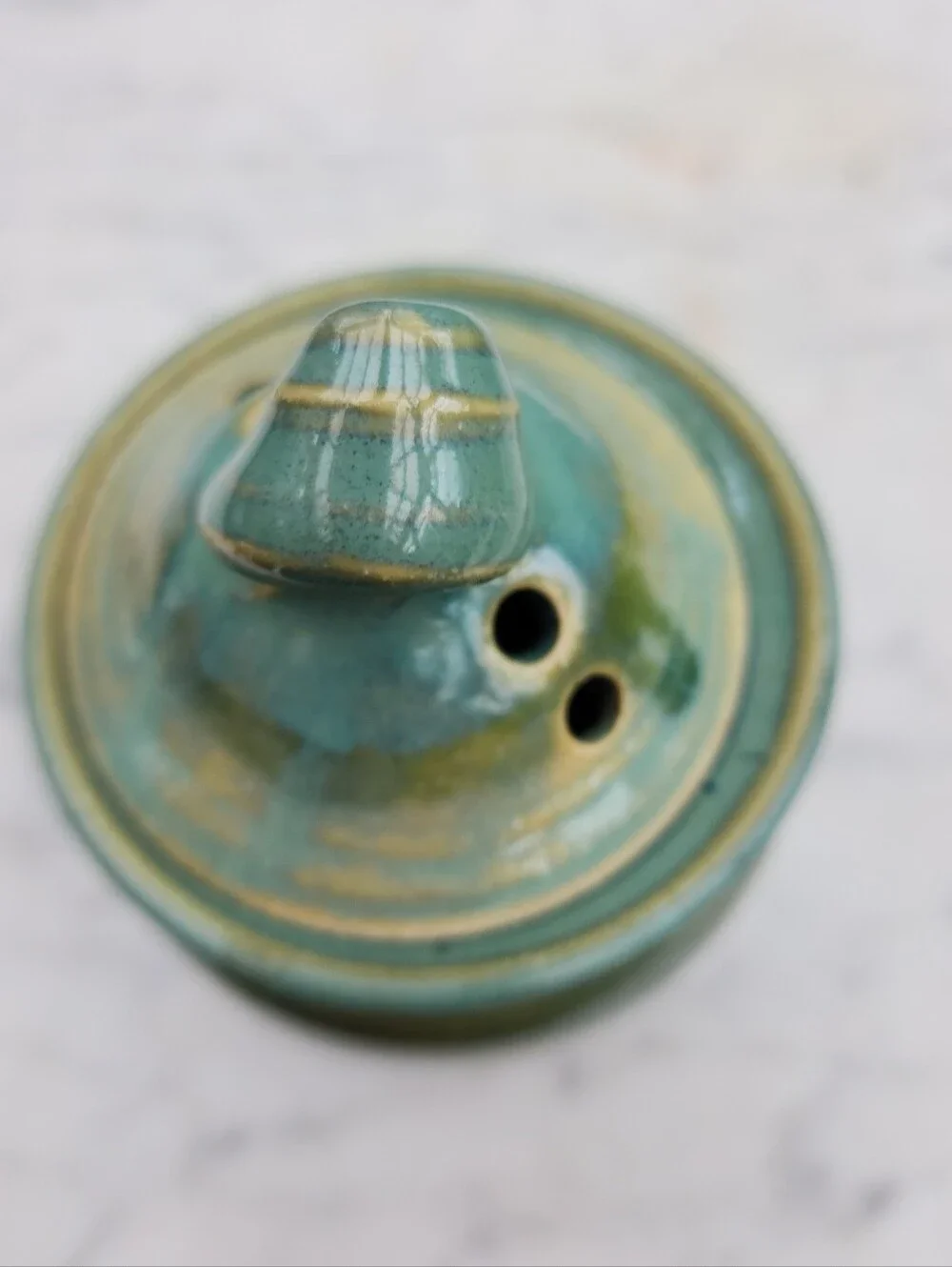 Holman Pottery Garlic Keeper Jar in Sea Pearl Green Ventilation Holes 6